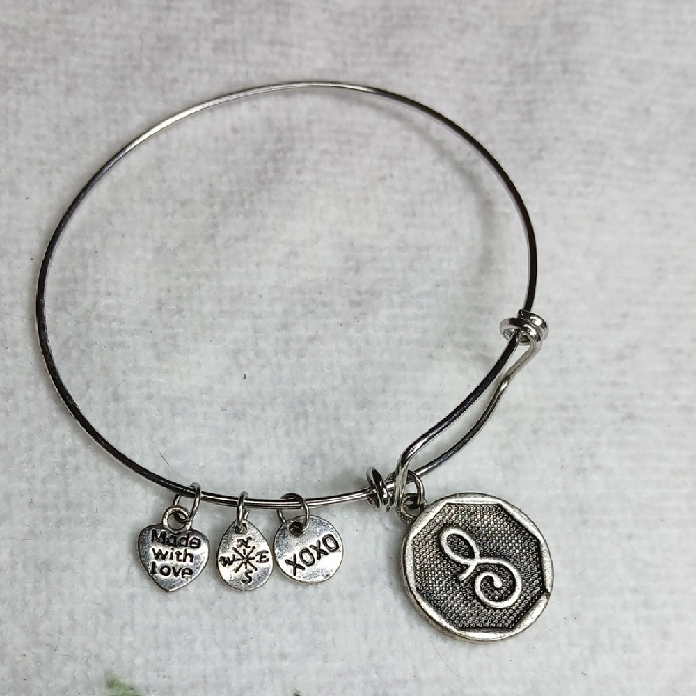 Silver Toned Charm Bangle Bracelet with S Initial